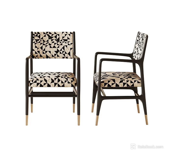 Modern Dining Chairs With Geometric Pattern Fabric Black Frame And Gold Legs 3d model 