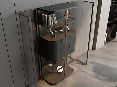 Modern Black Frame Wardrobe With Glass Doors Shelves And Storage Drawers Design 3d model