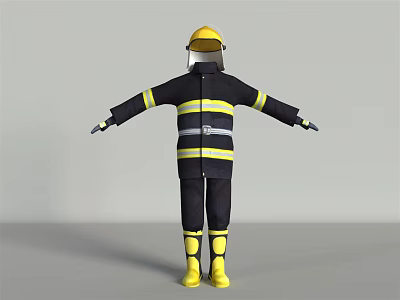 Black Firefighter Uniform With Yellow Stripes Helmet And Yellow Boots 3d model