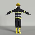 Black Firefighter Uniform With Yellow Stripes Helmet And Yellow Boots