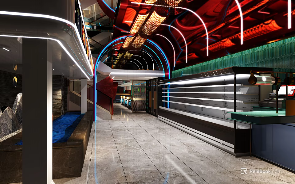 Modern Restaurant Interior With Neon Lights Open Layout And Marble Flooring 3d model 