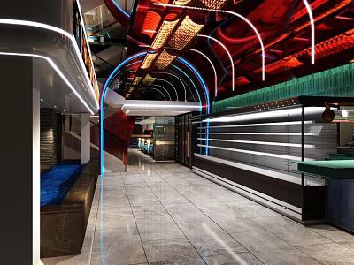 Modern Restaurant Interior With Neon Lights Open Layout And Marble Flooring 3d model