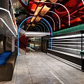 Modern Restaurant Interior With Neon Lights Open Layout And Marble Flooring