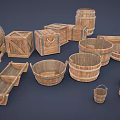 Rustic Wooden Decorative Ornament Set With Barrels Boxes Basins And Trays 3d model