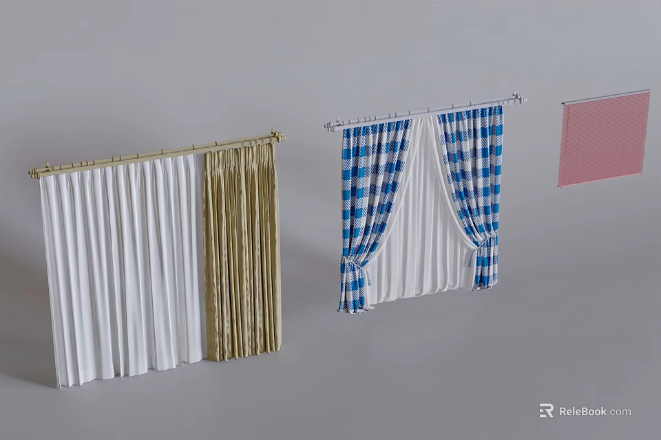 Various Style Curtains Including White Gold Pleated Blue White Checkered And Pink Simple Designs 3d model 