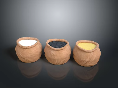 Three Handmade Clay Pots With White Black And Yellow Contents For Home Use 3d model