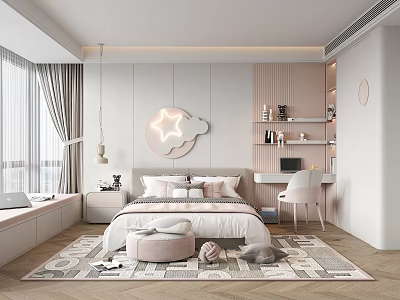Modern Kids Room Interior With Star Shaped Light Bed Desk Chair And Cozy Rug 3d model