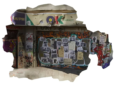 Vintage Street Style Storefront Featuring MPH BASKET Signboard Wall With Photos Posters Graffiti 3d model