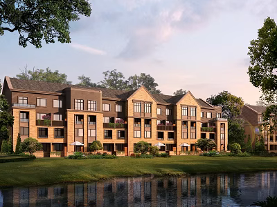 Lakefront Townhouses With Lush Greenery And Lawn 3d model