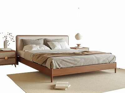 Modern Double Bed with Gray White Pillows Brown Blanket Nightstands Vase on Light Colored Rug 3d model