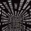 Elevator Hallway With Illuminated Commercial Text On Walls And Ceiling Creating Modern Vibe