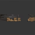 3D Rendered Scene With Two Wooden Shelves And Stacked Sandbags Arrangement
