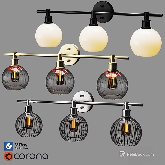 Vintage Style Wall Lamps With Spherical Glass Shades And Metal Brackets 3d model 
