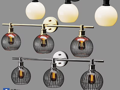 Vintage Style Wall Lamps With Spherical Glass Shades And Metal Brackets 3d model