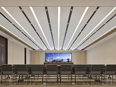 Modern Conference Room With Linear Ceiling Lighting Large Screen And Arranged Chairs 3d model