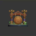 Decorative Wooden Household Ornament With Circular Gong And Carved Pillars On Blue Base