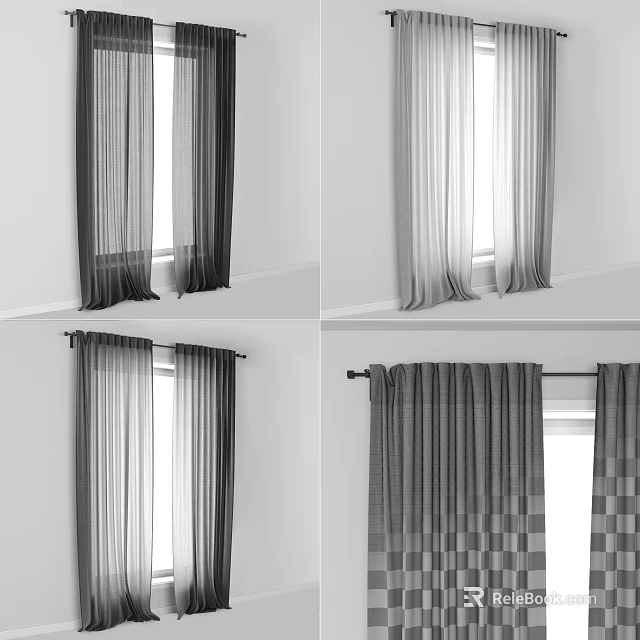 Various Styles Of Curtains With Sheer Thick Fabric And Checkered Pattern For Home Window Decor 3d model 