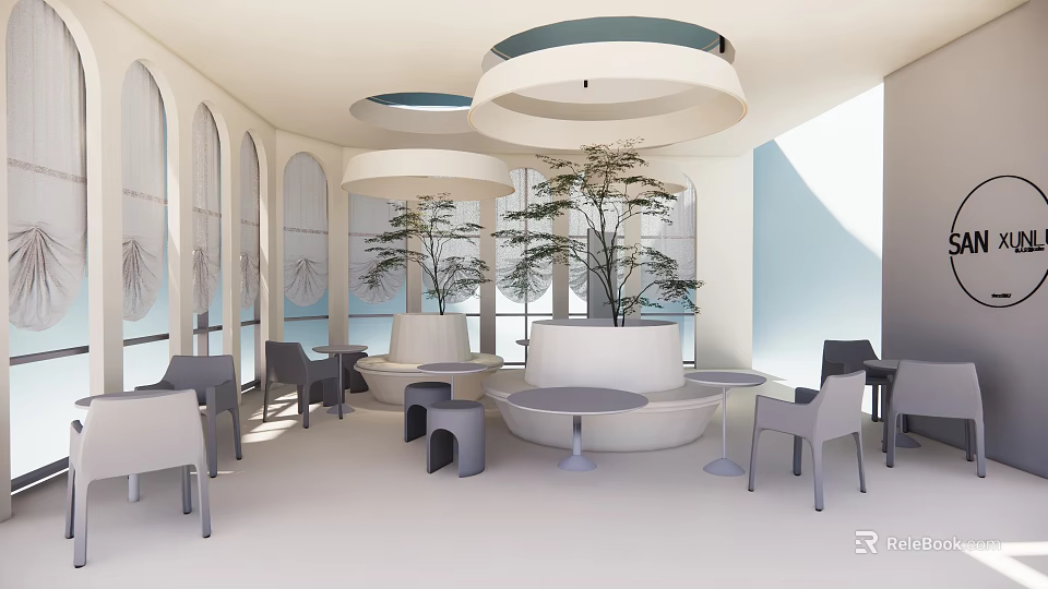 Modern Cafe Interior With Arch Windows Round Tables And Green Plants 3d model