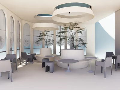 Modern Cafe Interior With Arch Windows Round Tables And Green Plants 3d model
