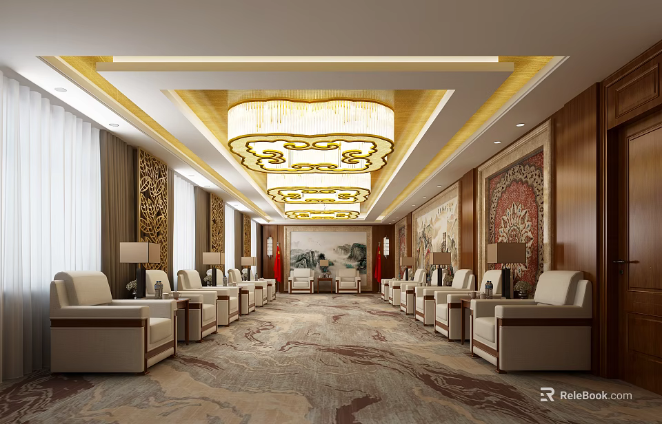 Elegant Hotel Public Lounge Area With Luxurious Chandeliers Wooden Walls And Beige Sofas 3d model 