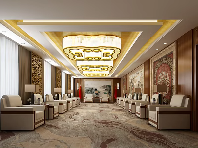 Elegant Hotel Public Lounge Area With Luxurious Chandeliers Wooden Walls And Beige Sofas 3d model