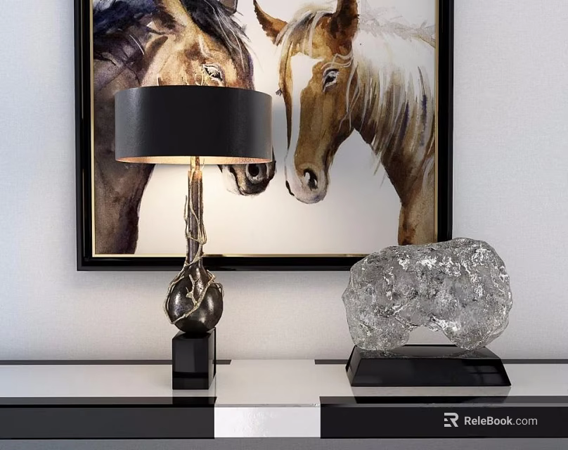 Modern Table Lamp With Black Shade And Unique Base And Crystal Sculpture By Horse Painting 3d model 