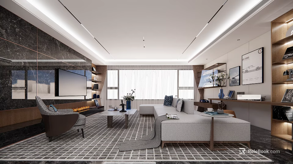Modern Contemporary Living Room Interior With Large Windows Sofa Coffee Table And Fireplace Rug 3d model 