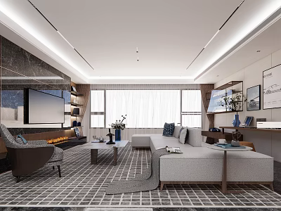 Modern Contemporary Living Room Interior With Large Windows Sofa Coffee Table And Fireplace Rug 3d model