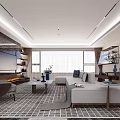Modern Contemporary Living Room Interior With Large Windows Sofa Coffee Table And Fireplace Rug