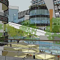 Urban Modern Commercial Street With Contemporary Architecture Greenery And Covered Circular Walkway Plaza