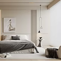 Modern Elegant Bedroom Interior With Large Bed Gray Blanket Pillows Wall Art And Table Lamp