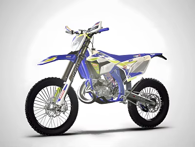 Blue And White Sporty Dirt Bike With Modern Off Road Design Features 3d model
