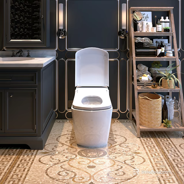 White Toilet in Bathroom with Dark Cabinet Sink Decorative Wall and Patterned Floor 3d model 