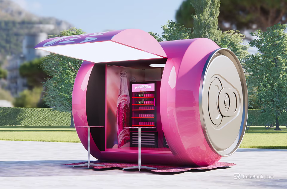 Outdoor Pink Can Shaped Kiosk With Display Shelves And Green Surroundings 3d model 