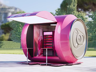 Outdoor Pink Can Shaped Kiosk With Display Shelves And Green Surroundings 3d model