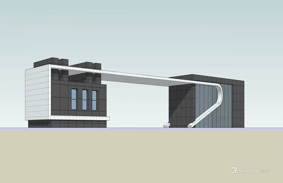 Modern Entrance Gate Architectural Design With Black White Facade And Glass Elements 3d model 