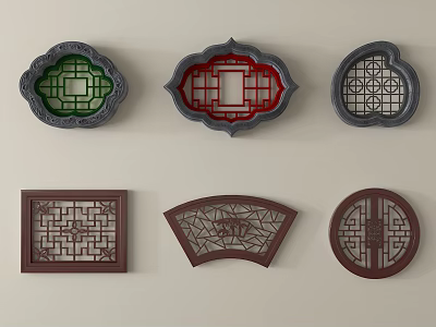 Carved Lattice Windows with Various Shapes and Colorful Frames and Intricate Patterns 3d model