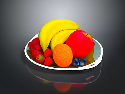 Fresh Colorful Fruits Including Bananas Apple Orange Strawberries And Blueberries On White Plate 3d model