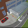 Modern Building Parking Entrance With Covered Structure Vehicles Roadway And Green Landscaping