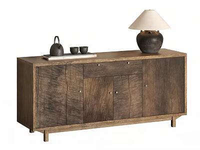 Wooden Entryway Console Cabinet With Teapot Cups Table Lamp And Clay Pot 3d model