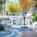Colorful Children's Play Area with Circular Slide White Railings and Green Plants