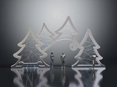 Tree Shaped Lattice Structures With Standing Human Figures On Reflective Surface 3d model