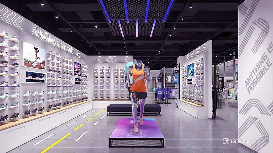 Sports Retail Store Interior With Sneaker Display Racks And Sportswear Mannequin 3d model 