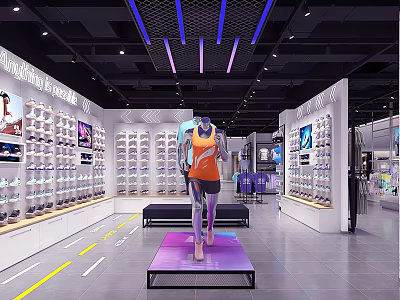 Sports Retail Store Interior With Sneaker Display Racks And Sportswear Mannequin 3d model