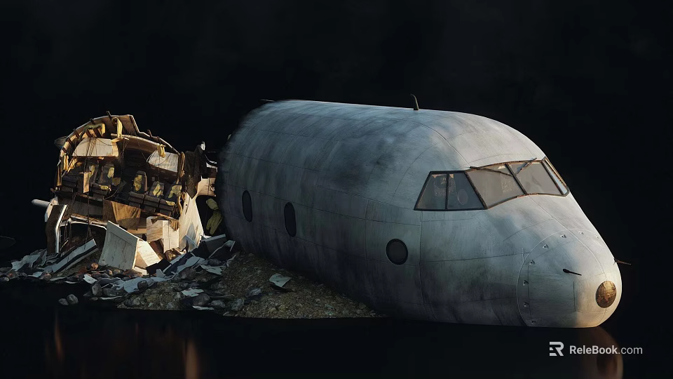 Damaged Airliner Wreckage With Broken Fuselage And Surrounding Debris 3d model 