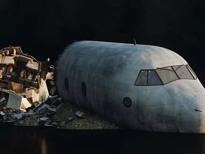 Damaged Airliner Wreckage With Broken Fuselage And Surrounding Debris 3d model