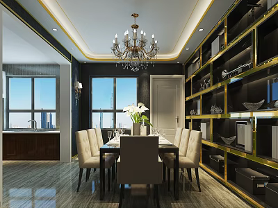 Elegant Modern Restaurant Interior With Chandelier Dining Table Chairs Shelves And Large Windows 3d model