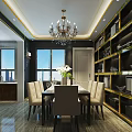 Elegant Modern Restaurant Interior With Chandelier Dining Table Chairs Shelves And Large Windows