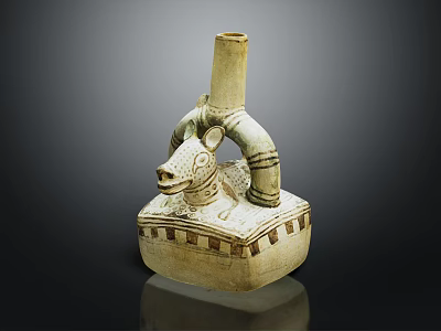 Ancient Ceramic Sculpture With Animal Head Tall Cylindrical Neck And Square Base 3d model