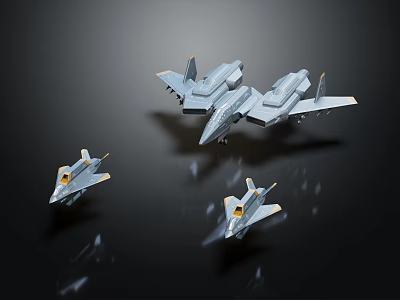 Three Shiny Metallic Fighter Jets Flying In Formation Against Black Background 3d model